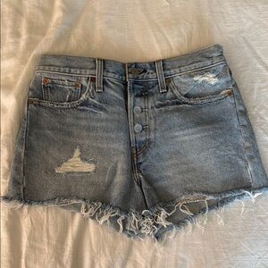Levi’s High Rise Wedgie Fit Blue Distressed Jean Shorts with Frayed Hem